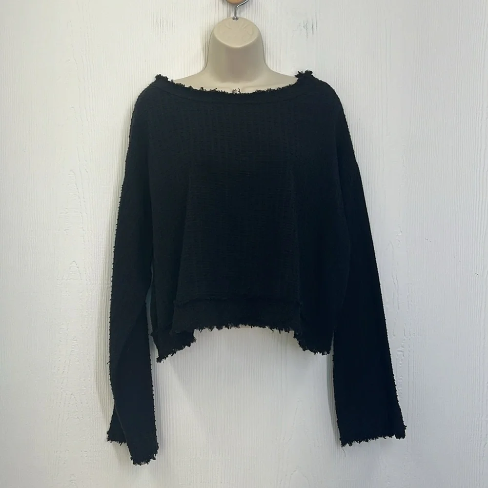Free People - Black Popcorn Fringe With Back Bow And Button Long Sleeve Top XS